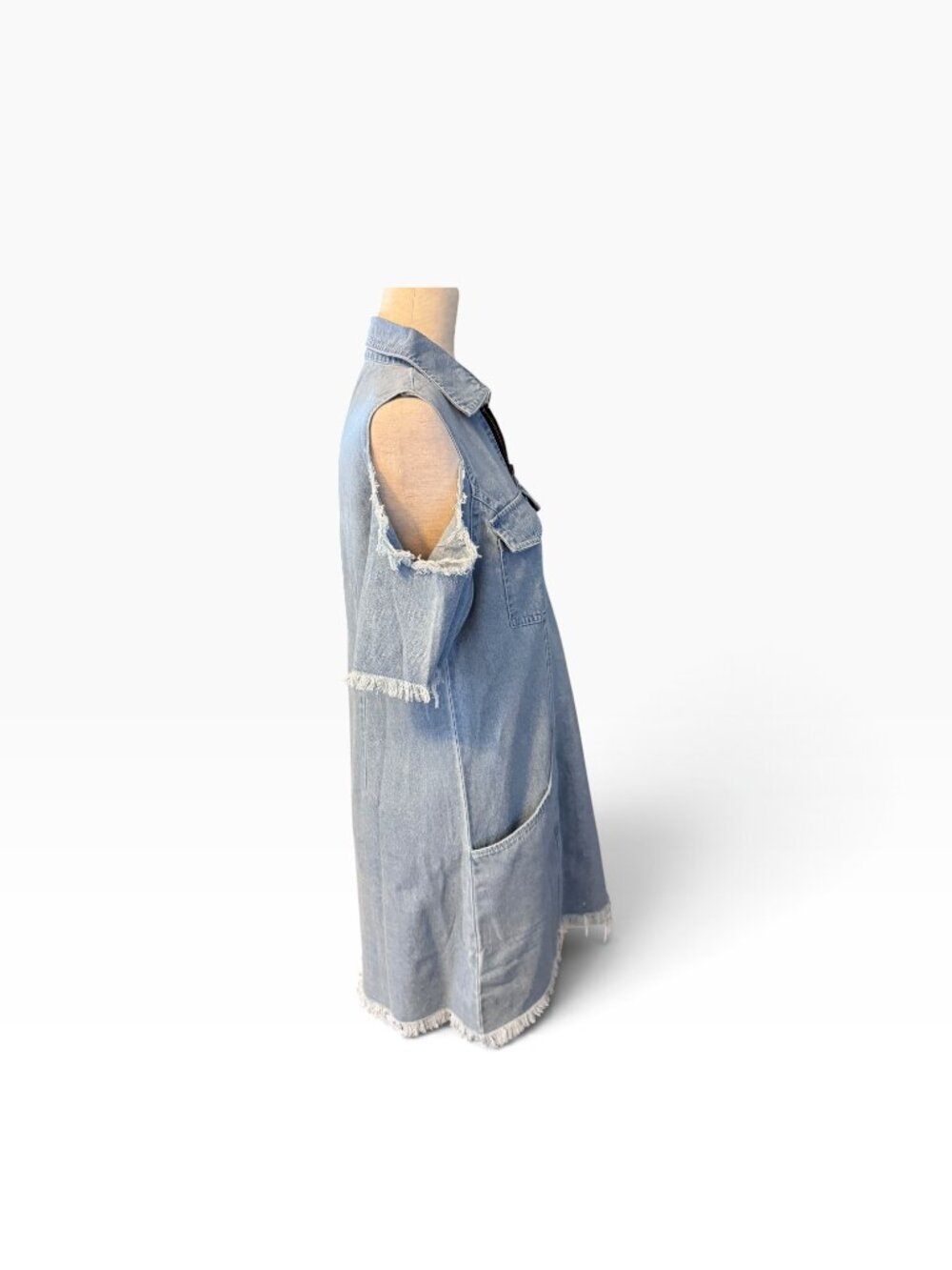 Light wash denim v neck zipper distressed dress cold shoulder Size Medium NEW - Picture 3 of 8